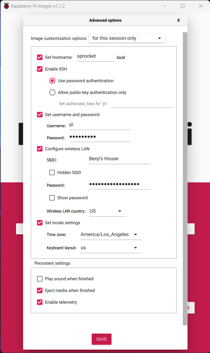 Raspberry Pi Imager Settings